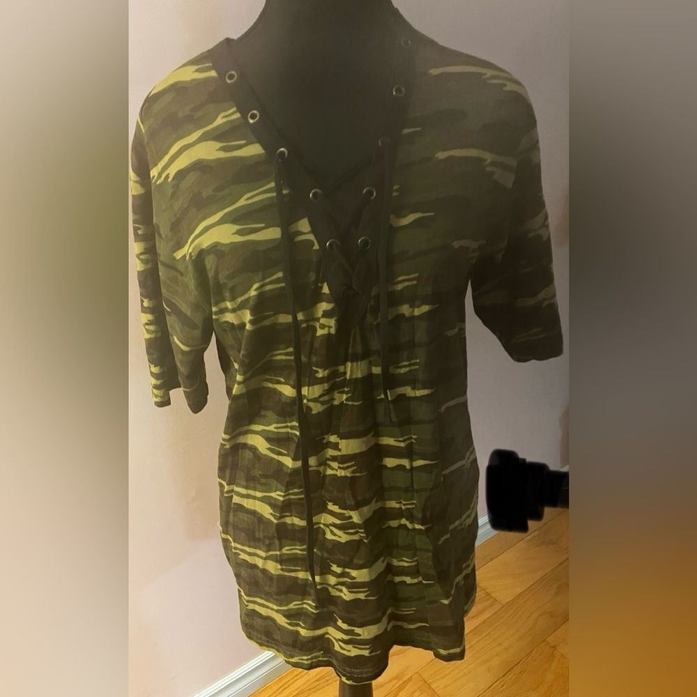 Camo-Colored top with Lace up Neckline size L/XL